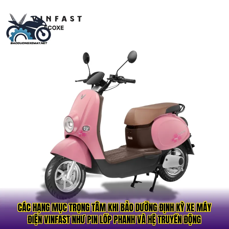 Các hạng mục trọng tâm khi bảo dưỡng định kỳ xe máy điện VinFast như pin lốp phanh và hệ truyền động